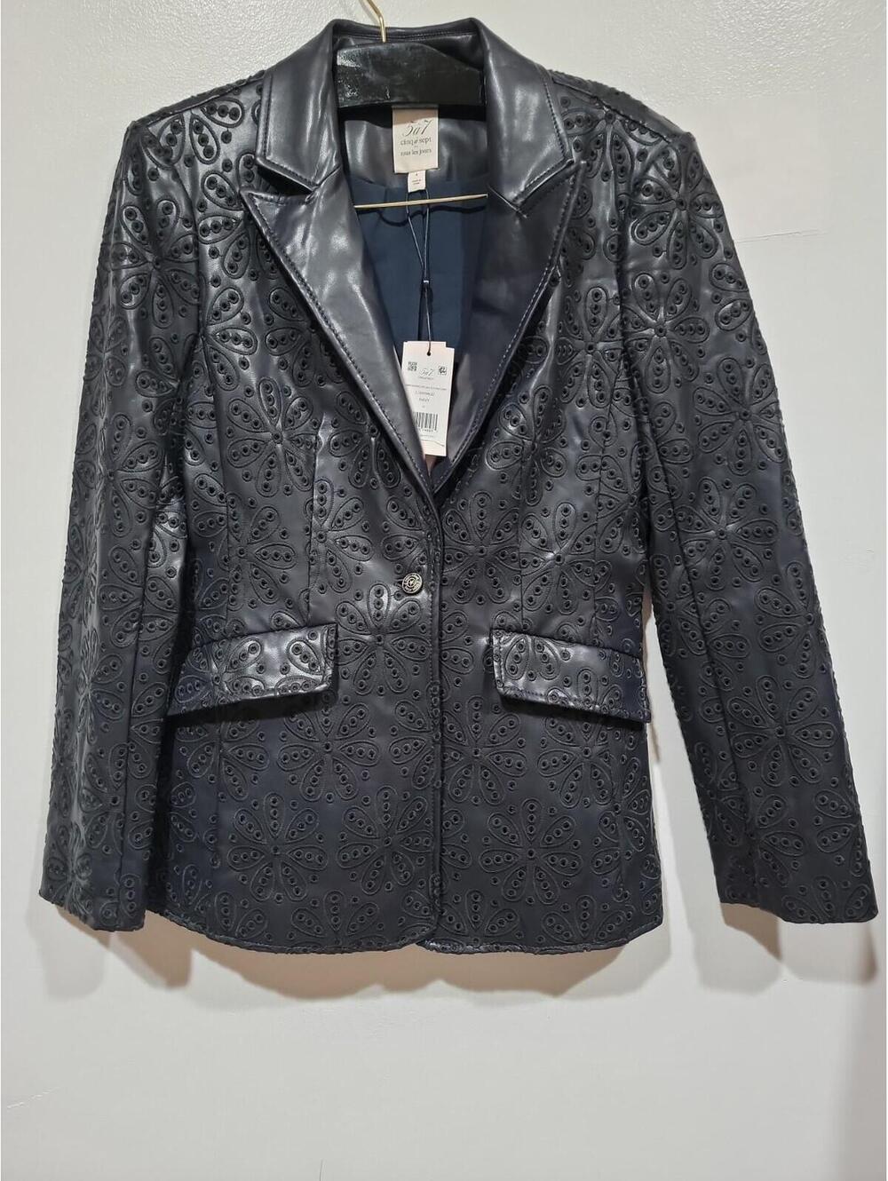 CINQ À SEPT Cheyenne Embroidered Eyelet Size 4 Faux Leather Blazer Navy NWT #W3 - Picture 6 of 13